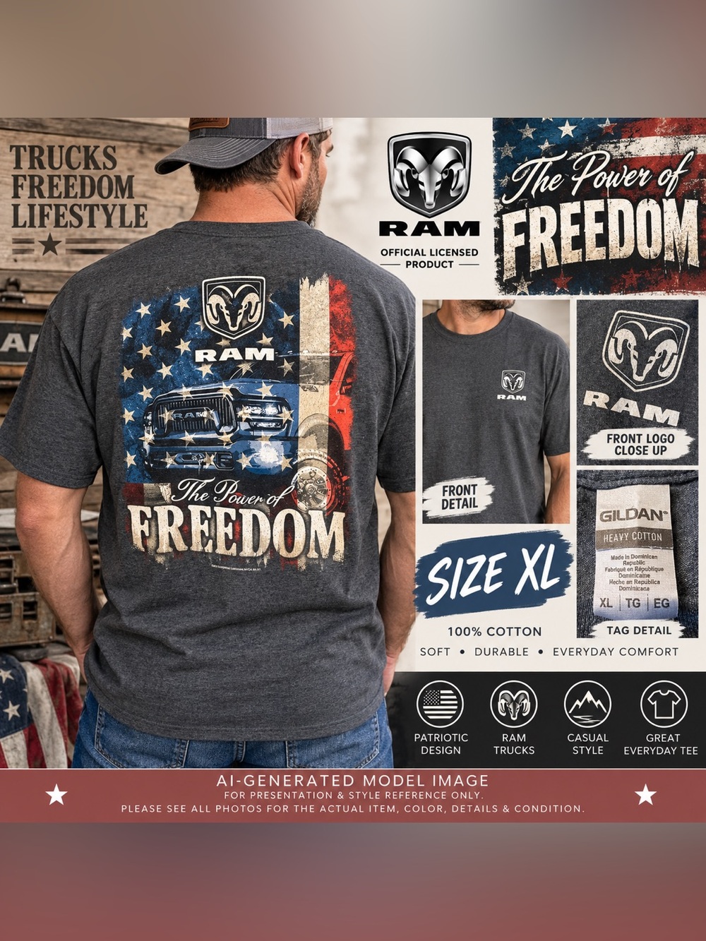 RAM THE POWER OF FREEDOM PATRIOTIC TRUCK GRAPHIC TEE • MEN’S XL